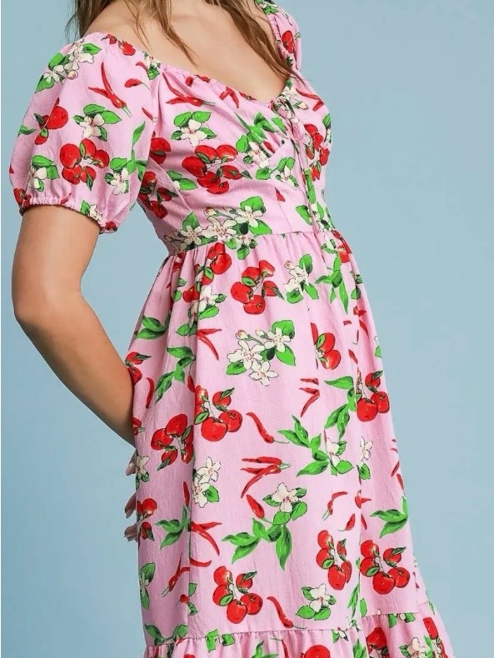 Umgee Pink Midi Dress with Red and Green Peppers - Picture 2 of 10